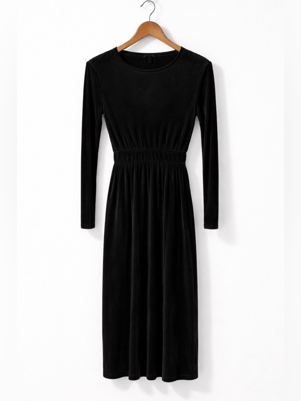 Zara Black Ribbed Midi Dress Long Sleeve Fitted Waist Size S NWT